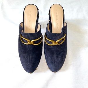 Veronica Beard Heel Clog 7.5 Blue Suede with gold tone chain link detail
